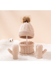 Cute Hat Scarf Set Beanie Hat Gloves 3pcs Children Hats Girls Fake Ball Pom Keep Warm Winter Knitted Skullies Kids Bone