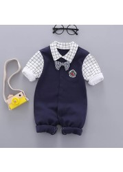 Baby check one-piece clothing children's clothing casual wear out boy baby autumn and winter cartoon clothing set