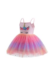 2022 Unicorn Girl Summer Dress Toddler Sleeveless Mesh Tutu Cartoon Clothes Birthday Party Beach Outfit With Wings Headband