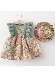 Summer Toddler Infant Girl Clothes Set Baby BeBe Beach Dresses Cute Bow Plaid Sleeveless Cotton Newborn Princess Dress+Sunhat