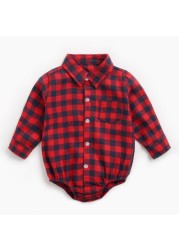 2022 Newborn Plaid Long Sleeve Baby Shirt Spring Autumn Turn-down Collar Front Pocket Shirt Baby Bodysuit Shirt