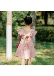 New Baby Girls Dress Bow Cotton Fly Sleeve Ruffles Lace Summer Pure Color Children Princess Skirt Kids Clothes