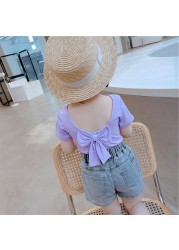 Children T-shirt for Girls Clothes Short Sleeve Back Bow-knot Baby Shirt Cotton 2022 Summer Solid Kids Clothes