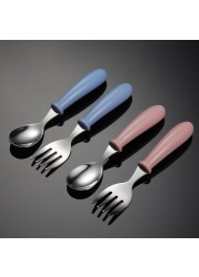 Stainless steel children fork spoon set baby learning short handle utensils cute baby training tableware infant feeding knives