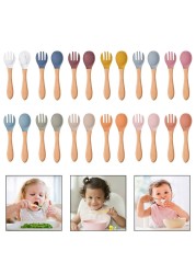 2pcs Silicone Baby Tips Feeding Training Spoon and Fork Set with Wooden Handle Toddlers Babies Eat Standalone Accessory