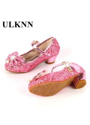 ULKNN-Girls Princess Leather Shoes Casual Floral Sequin High Heel Butterfly Bowknot Shoes Blue Pink Silver