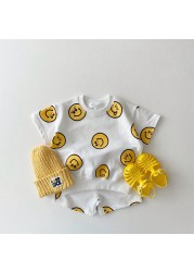 2021 Summer New Cotton Baby Clothes Set Boys and Girls Cute Smiley Print Tops + Shorts 2pcs Kids Children Clothing Suit