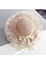 Bear Learner Kids Girls Hats 2022 New Fashion Summer Lace Flowers Caps Breathable Elegant Straw Hat Sunhat Lovely Baby Bonnet