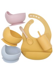 Baby Feeding Bowls Set Non Slip Silicone Bibs BPA Free Chewable Baby Tableware Food Grade Newborn Accessories