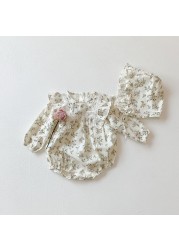 2pcs korean lace ruffle cute baby romper with hat set infant vintage floral long sleeve jumpsuit baby boy girl sweet clothes