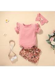 summer newborn baby girl clothes set solid color short sleeve ruffle romper tops flower short pants headband 3pcs infant outfits