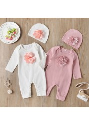 Newborn Baby Long Sleeve Romper 3D Floral Baby Onesie Jumpsuit Newborn Baby Clothes Set Hat Clothes Set