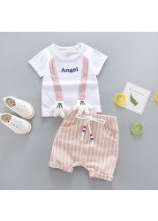 Baby clothes set summer cute cartoon bear printing cotton T-shirt + stripe lace elastic waist shorts boys girls casual 2 piece suit