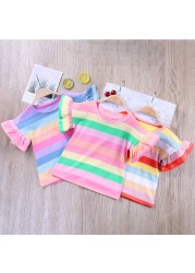 Girls Striped T-Shirt 2021 New Korean Baby Fashion Rainbow Shirts With Ruffle Sleeves Children All-match Tees 12M-8T JYF