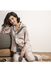 Starry Sky and Floral Printed Women Pajamas Set Comfort Cotton Silk Full Sleeve Homewear Tender Ladies Spring Casual Wear