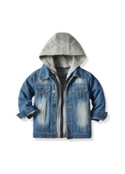 Kids Boys Girls Denim Hooded Jackets Casual Fake Two Jacket Coat Children Cowboy Zipper Outerwear JYF