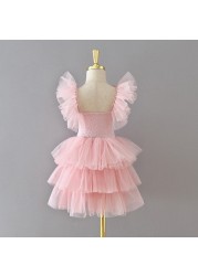 2022 Summer Mesh Cake Dress Party Dress Kids Clothes Clothes For Girls Pink Princess Dress