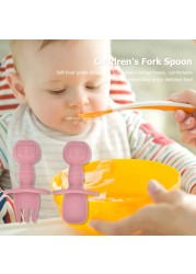 Soft Silicone Baby Tableware Self Feeding Spoon Fork Kids Baby Easy Grip Children's Cutlery Sets Short Handle Utensils Non-slip