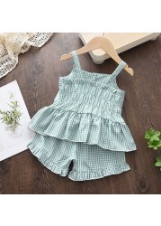 Menoea 2-Pieces Fashion Children's Clothing Sets New Summer Baby Girls Plaid Suspenders Vest Shorts Suits Kids Outfits