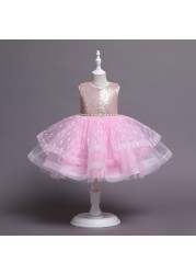 New Summer Baby Girls Pearl Sequins Party Dress Princess Dress Layered Tulle Polka Dots Print Kids Clothes 7 8 10 Years