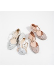 Girls-up sandal height students rhinestone princess shoes pink new shoes children's hollow glass slippers shiny girl dress