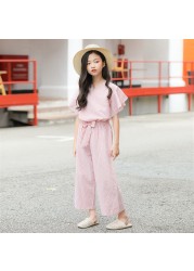 Korean Big Girls Summer Clothing Set 2021 New Kids Striped Ruffle Sleeve Wide Leg Pants Fashion Two Pieces Teenage Clothes JYF