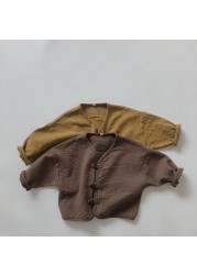 YG Spring and summer new children's cotton and linen jacket boys retro loose button jacket girls coat plain children's wear