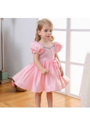 Pink Puff Sleeve Baby Girl Dress Bowknot White Party Dresses for Girls Wedding Birthday Festive Kids Things Children 1-12Y