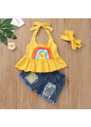 Baby Girl Fashion Clothes Set Rainbow Print Sleeveless Ruffle Blouse Jeans Hole Shorts With Headband Set JYF