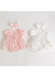 Newborn baby girl clothes summer infant princess floral tulle dress with jumpsuit bow headband baby girl clothes