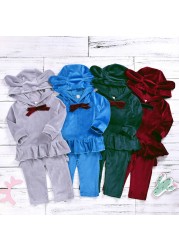 Cartoon Velvet Tracksuit Eear Ruffle Kids Children Clothing Set Autumn Winter Girls Baby Costume 2pcs Suit