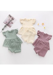 Muababi 1-5Years Children Girls Clothing Sets Summer Kids Girls Ruffles Sleeve Cotton Stripe T-shirt Tops+Shorts Casual Clothes