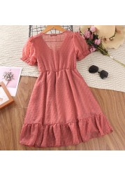 5-12 Years Girls Summer Spaghetti Strap Dress Short Sleeve V-Neck Fashion Kids Clothes Princess Robe Dresses