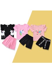 For 1-6 Years Girls Unicorn Outfit Clothes Summer Top Short Pants Kids Clothes 2pcs Baby Costume Children