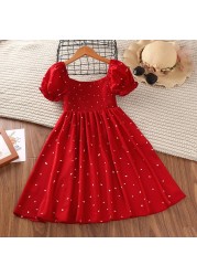 Girls Dot Red Dress Summer 4-11Y Young Children Square Collar Casual Clothing Kids Knee Length Short Sleeve Princess Dresses New