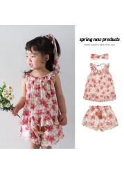 LM2022 Summer Girls Dress Ins European Style Girls Sweet Floral Sleeveless Lapel Lace Suspenders Children Tops Pants Suit