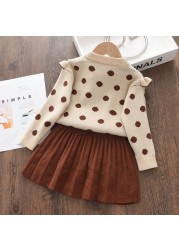 Menoea Christmas Girls Clothes Sets For Kids Knitted Winter Dots T-shirts Skirt 2pcs Suits Ruffles Christmas Vestidos Children Clothes