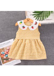 Summer Toddler Girls  Sweet Dress  2021 New Casual Fashion Kids Plaid Skirt Baby Peter Pan Collar with Fruit Printed Clothing