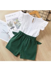 Menoea 2022 New Spring Summer Kids Girls Clothes Sets Fashion Flower Embroidery T-shirts+Bow Shorts 2Pcs Suits Children Clothing