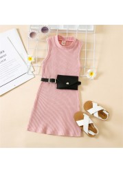 Girls Casual Dresses 2022 New Summer Kids Baby Solid Color Sleeveless Costumes Belt Bag Birthday Party Princess Vestidos