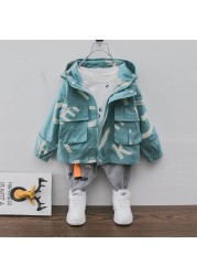 Teenagers Cotton Jacket Spring Teenagers Casual Coat Kid Letter Hooded Zipper Children Windbreaker Baby Boy Thick Coat Boys Clothes