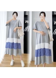 Summer Women Pregnancy Cloth Plus Size Loose Knitted Cotton Patchwork Maternity Long Dress Casual Striped Clothes for Pregnant Women