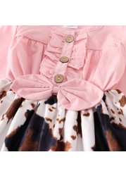 Girlymax Fall/Winter Baby Girls Children Clothing Pink Cow Print Denim Dress Milk Silk Boutique Long Sleeve Knee Length