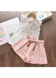 2022 Summer New Kids Clothes Fruit Print Casual Girls Clothing Set + Pants 2 Pack Fashion Ribbon Bow Set Toddler Clothing