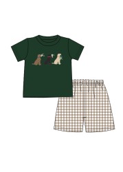 Clothing Sets For Baby Girl Cute Dark Green Three Dog Floral T-shirt Coffee Lattice Casual Sports Pants Kids Outfits For Summer