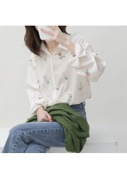 Sweet Flower Summer White Shirt Women Blouse Design Top Elegant Outerwear Long Sleeve Chiffon Female Shirt FLL0803