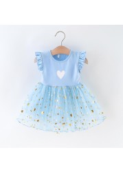 Summer Floral Ruffle Dress Toddler Baby Girls Floral Sleeve Heart Floral Print Dresses Sequins Tulle Princess Dress Party Dress