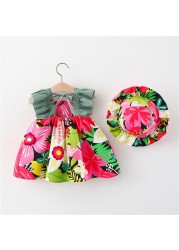 Summer Princess Dresses Baby Toddler Sleeveless Dress and Hat Set Holiday Party Dress Baby Girls Cute Ruffles Floral Dress