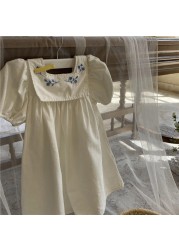 Aile Junmei 2022 Summer Girls Dress Cotton Linen Floral Sleeve Applique Korean Style Dress Children Princess Dress