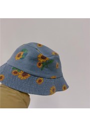 MILANCEL 2022 summer children's denim bucket hat sunflower print large brim hat